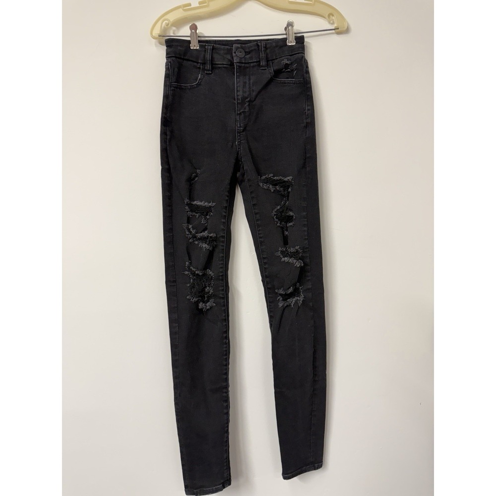 American Eagle Women's Size 00 Long Black Distressed Next Level Stretch Jeans